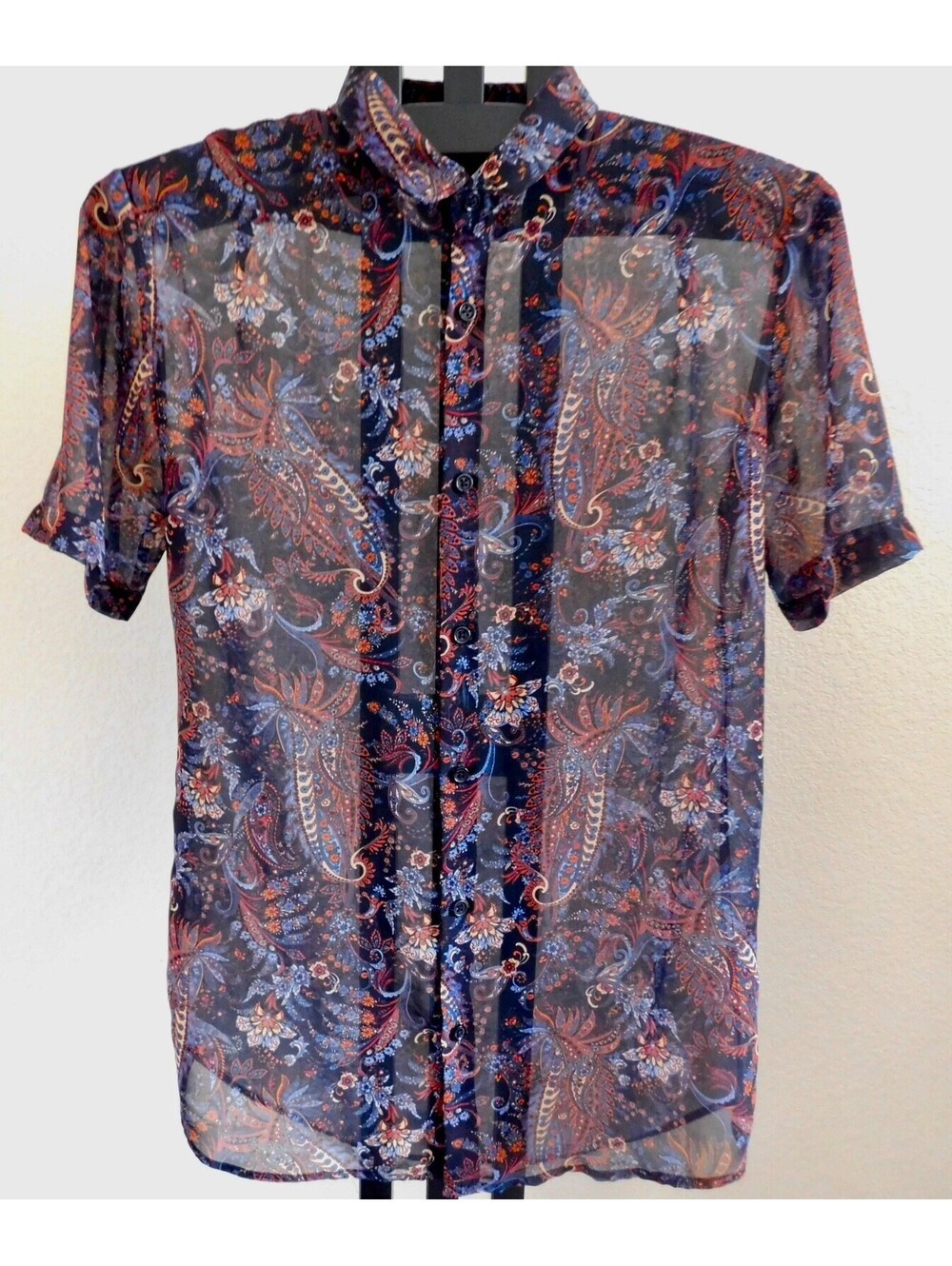 Zara Men's Medium Sheer Paisley Floral Button Down Shirt Relaxed Fit Short Sleev